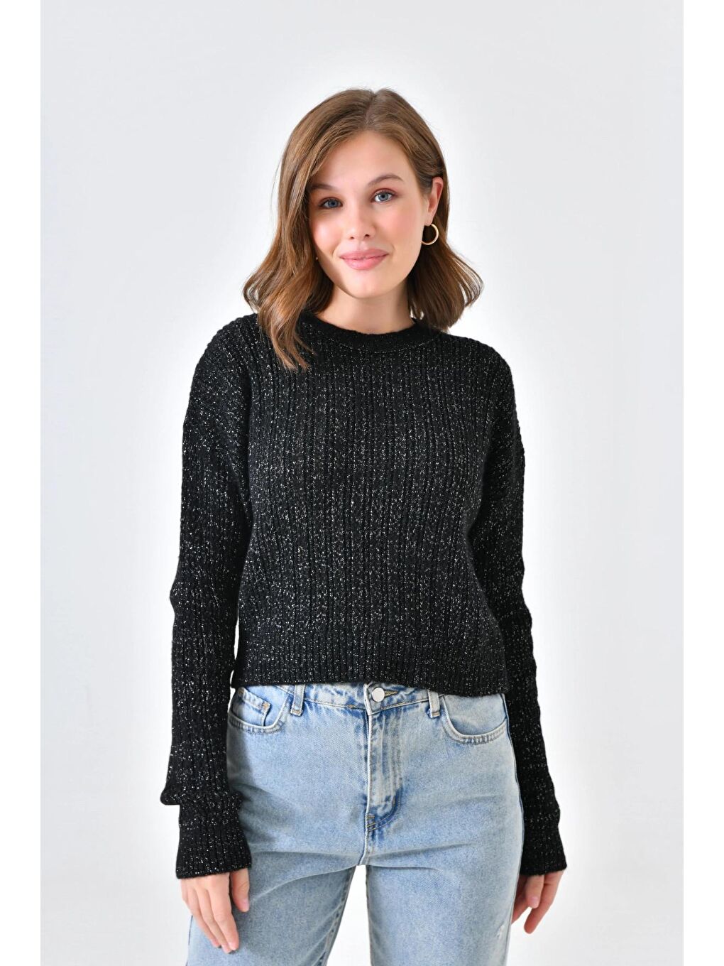 Siyah Bisiklet Yaka Simli Triko Kazak-1