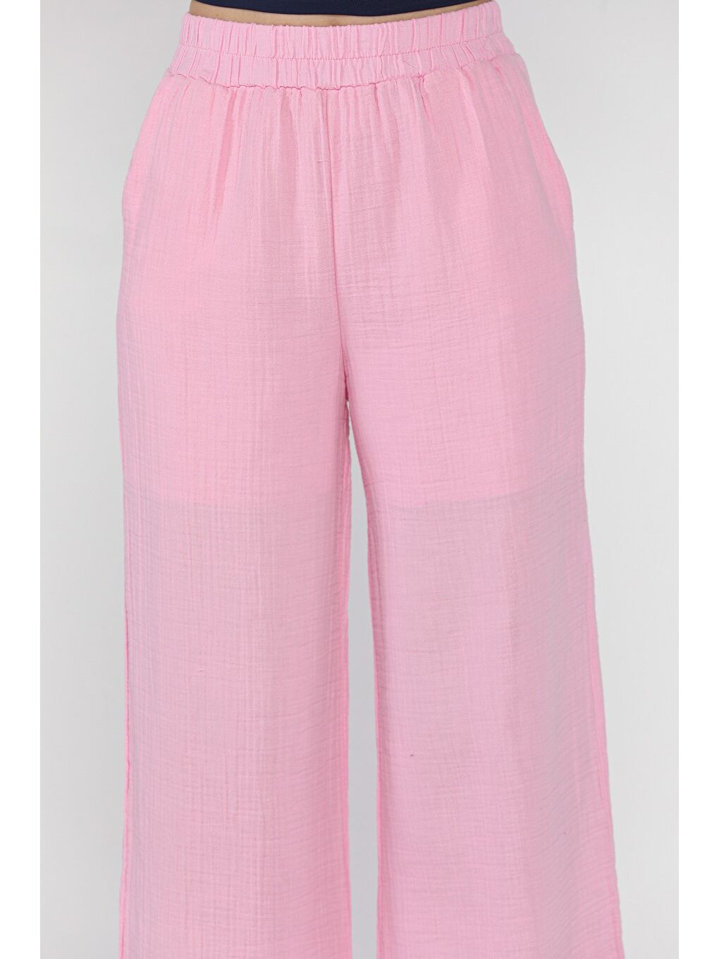 Pembe Kadın Bel Lastikli Bol Paça Pantolon-3