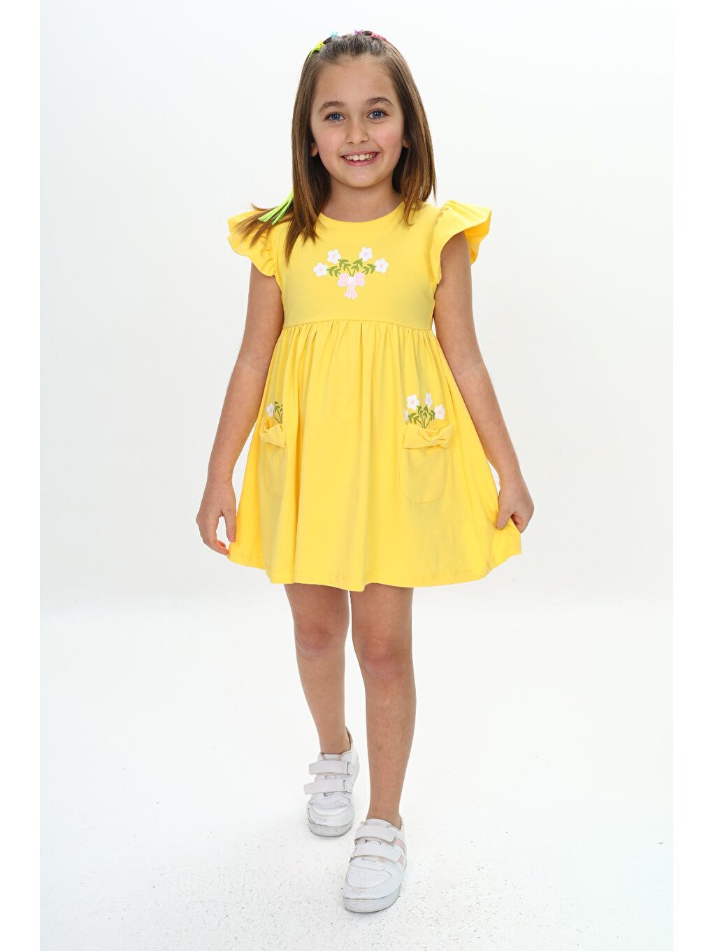 Sarı Kız Çocuk Cepli Çiçek Baskılı Elbise