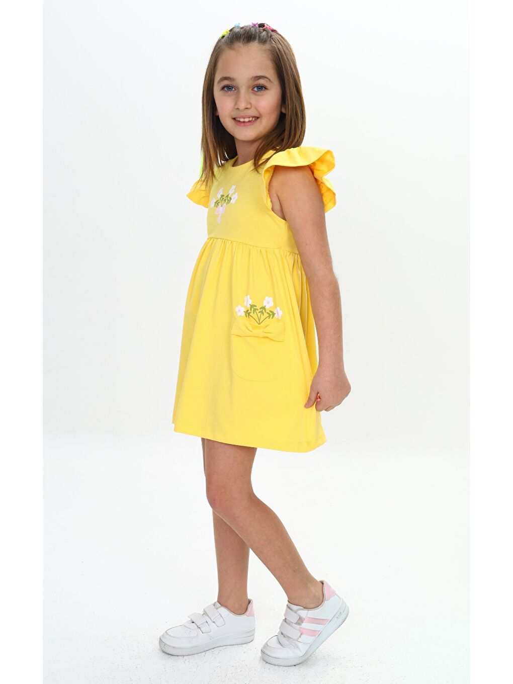 Sarı Kız Çocuk Cepli Çiçek Baskılı Elbise-2