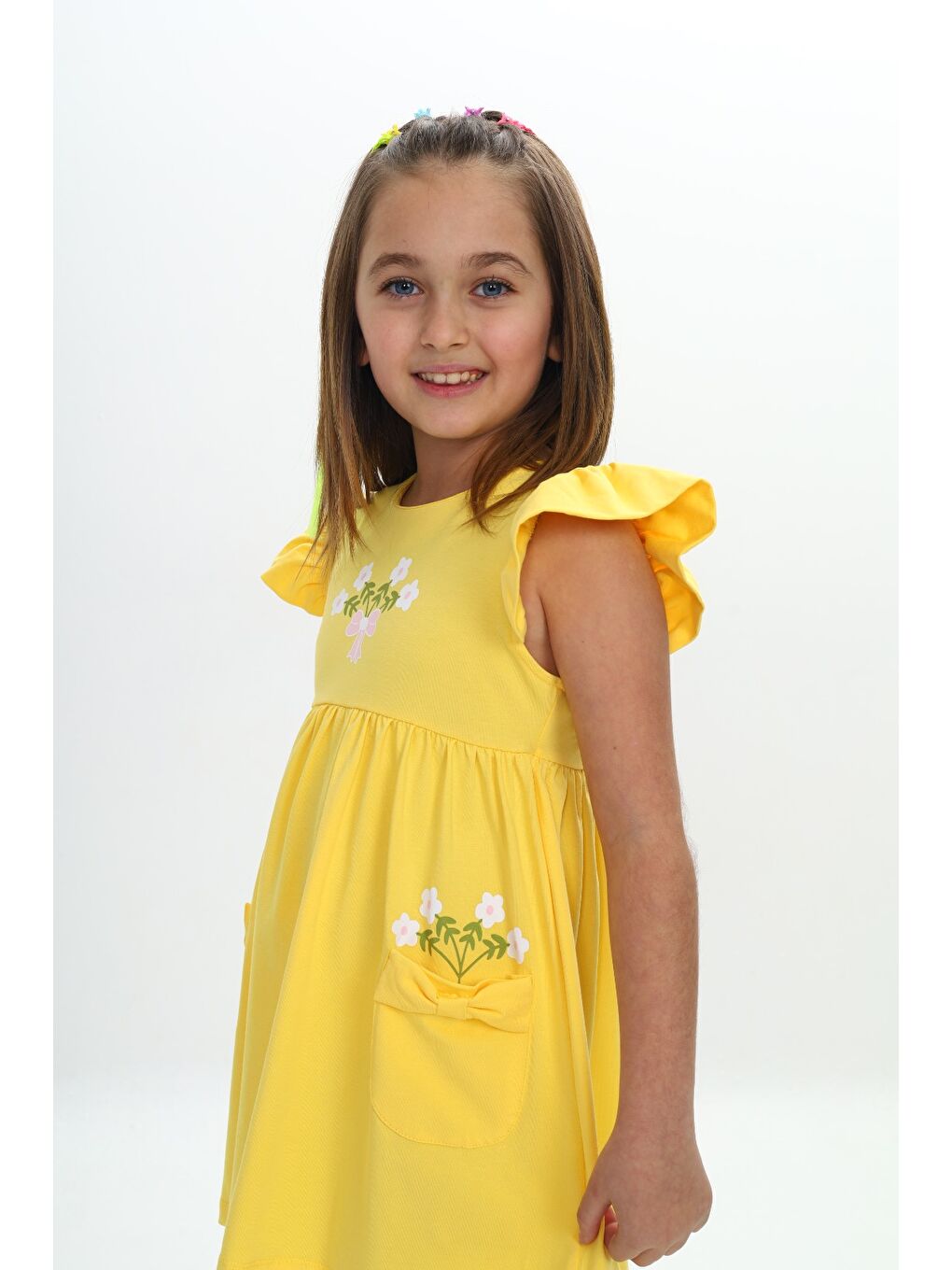 Sarı Kız Çocuk Cepli Çiçek Baskılı Elbise-3