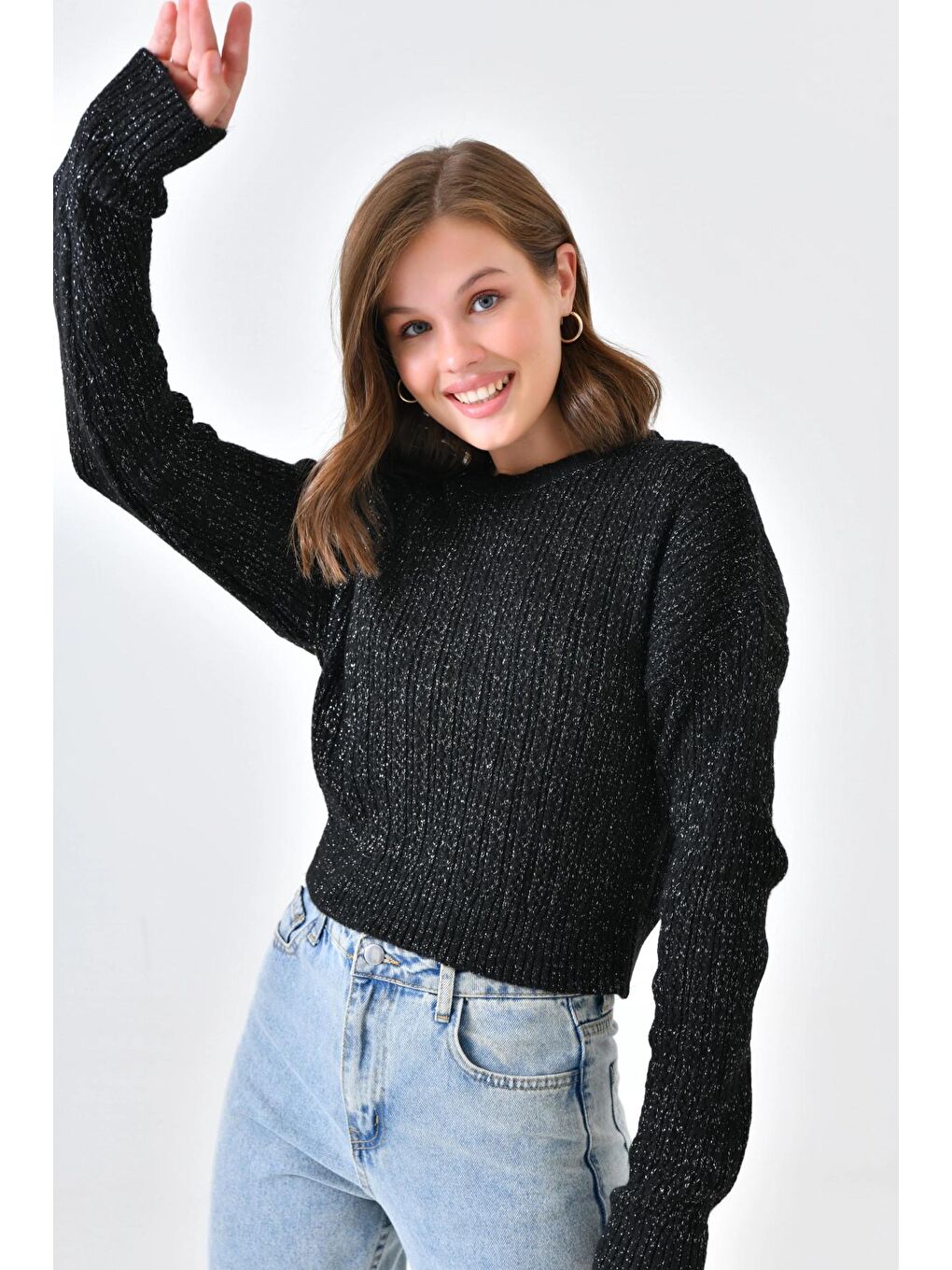 Siyah Bisiklet Yaka Simli Triko Kazak-2