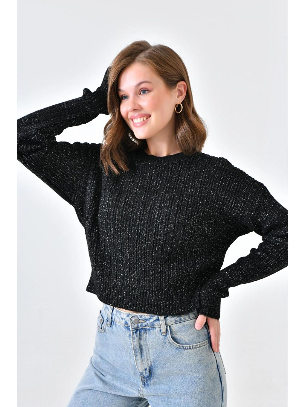 Siyah Bisiklet Yaka Simli Triko Kazak-3