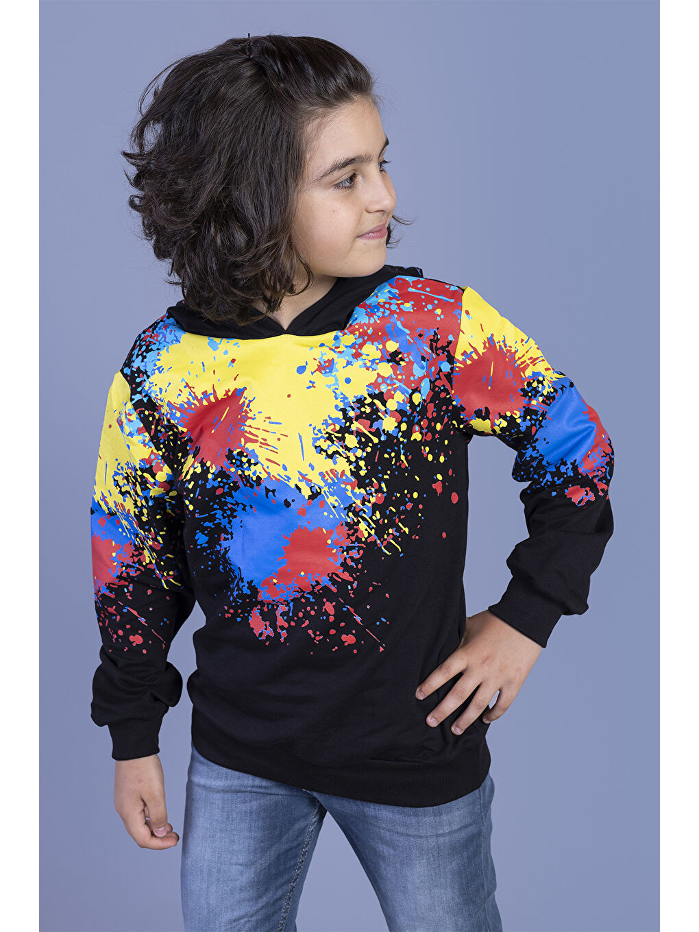 Toontoykids Siyah Erkek Çocuk Kapüşonlu Renkli Püskürtme Baskılı Sweatshirt