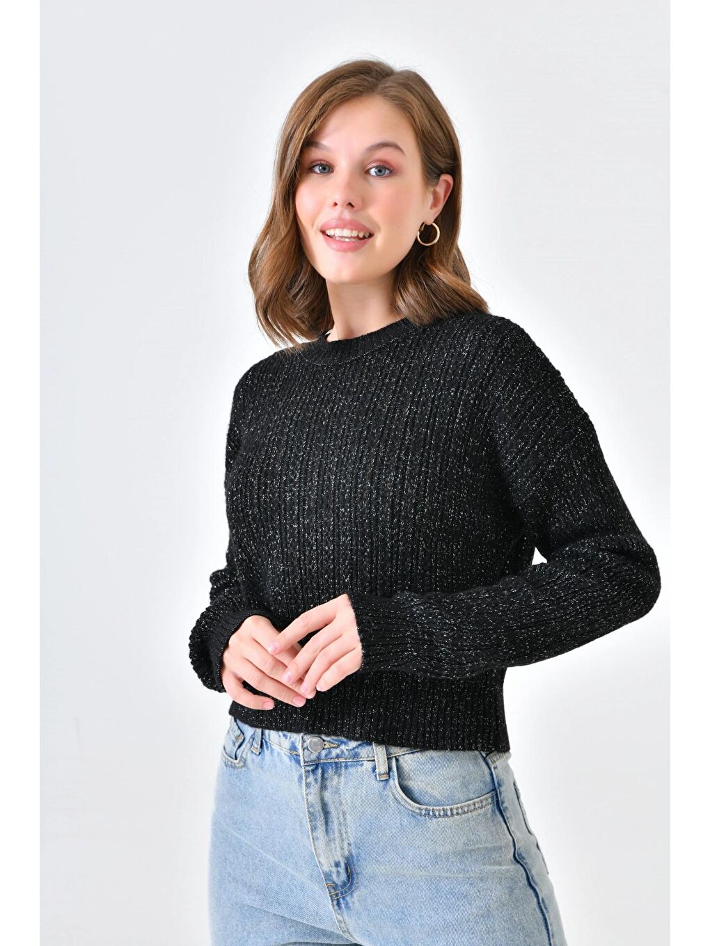 Siyah Bisiklet Yaka Simli Triko Kazak-4