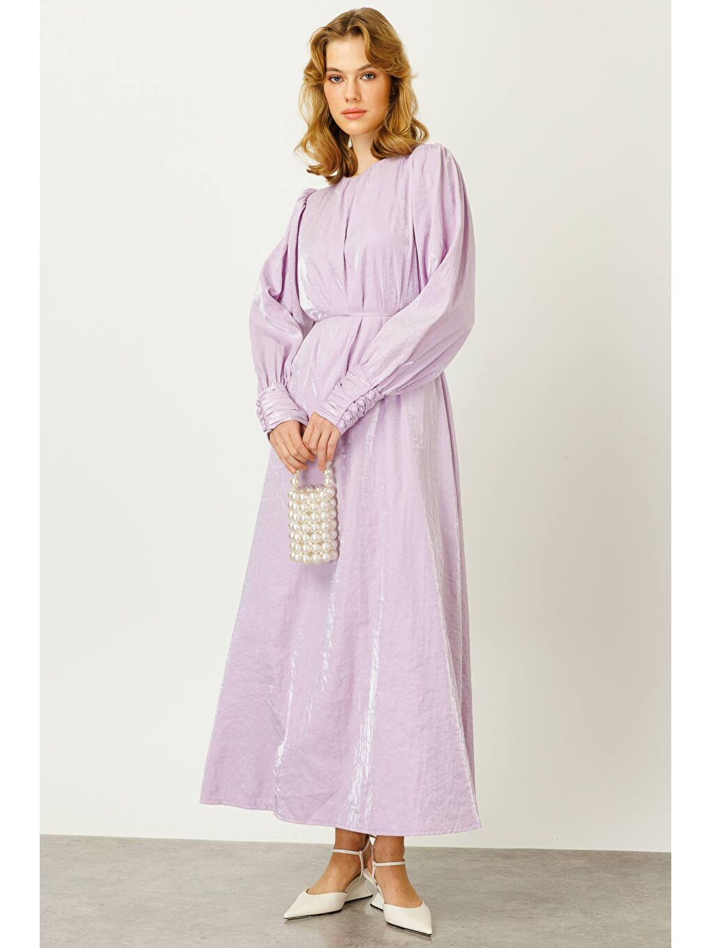 Kemerli Parlak Dokulu Elbise - Lila