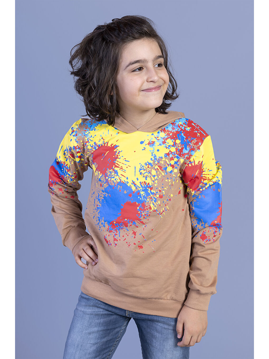 Toontoykids Kahverengi Erkek Çocuk Kapüşonlu Renkli Püskürtme Baskılı Sweatshirt