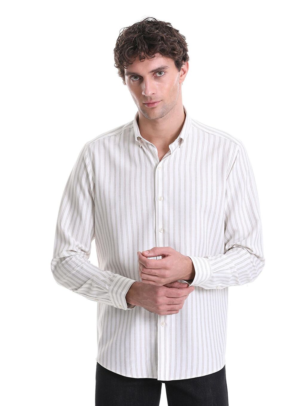 Bej Slim Fit Çizgili Dik Yaka Pamuklu Uzun Kollu Casual Gömlek 23D190000104_25