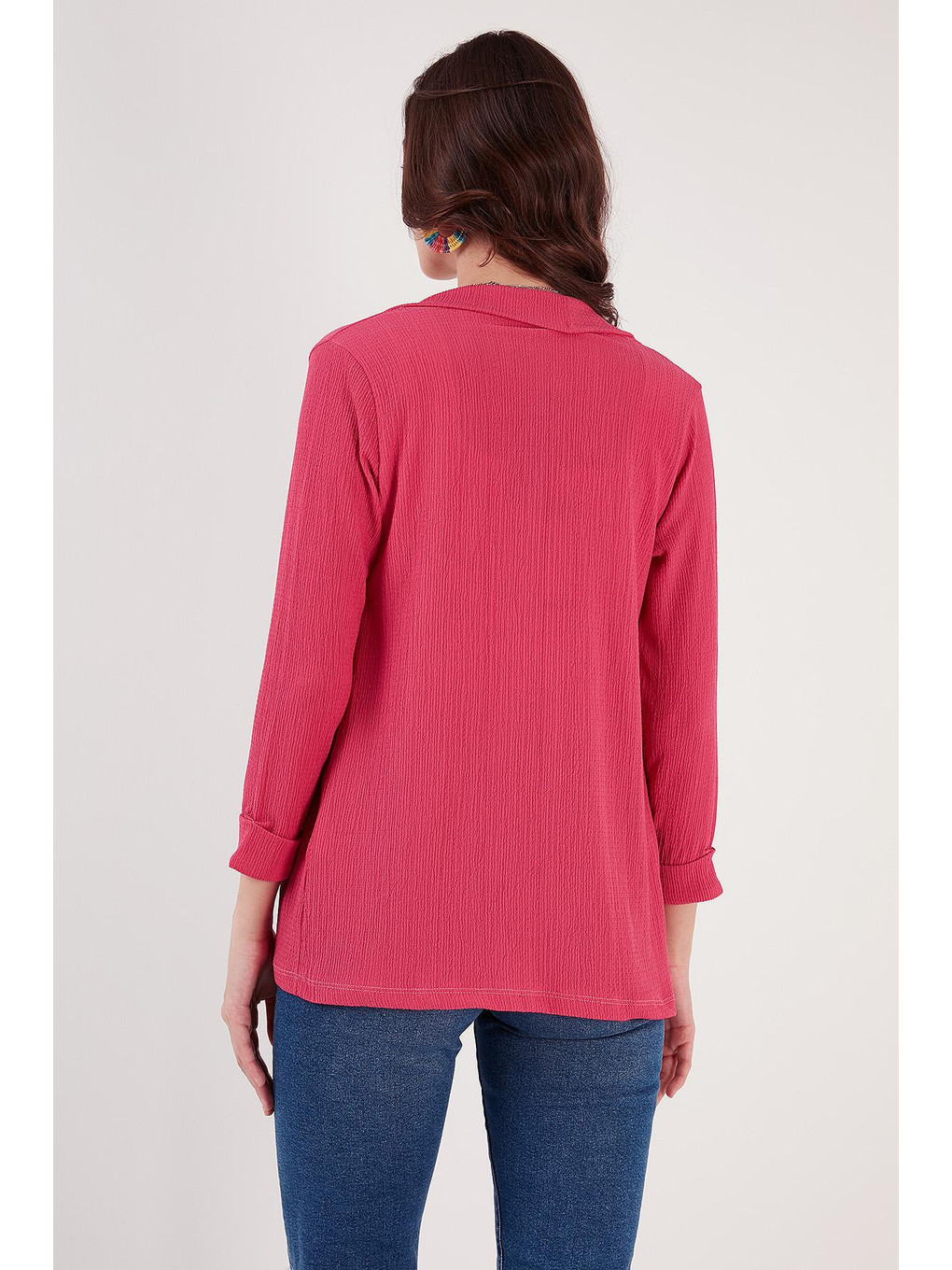 Fuşya Yakası Ve Kolu Katlı Gofre Kimono Hırka 5864974-5