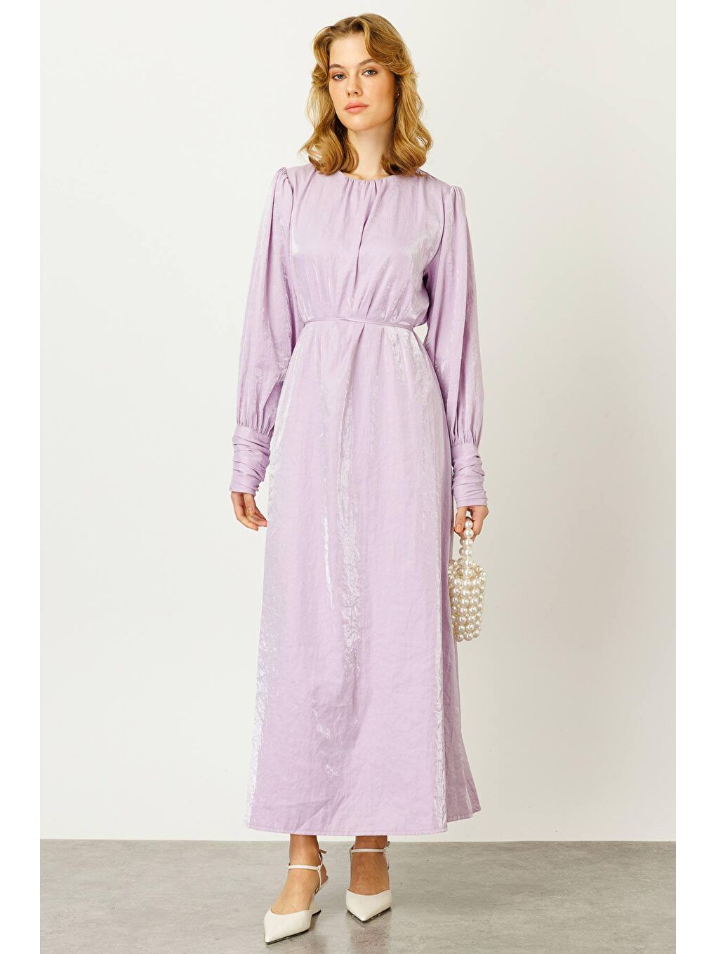 Kemerli Parlak Dokulu Elbise - Lila-1