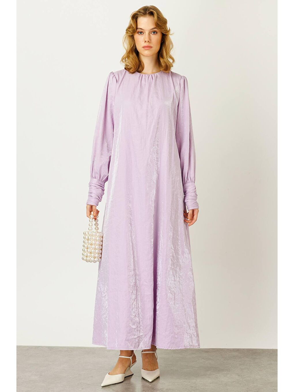 Kemerli Parlak Dokulu Elbise - Lila-3