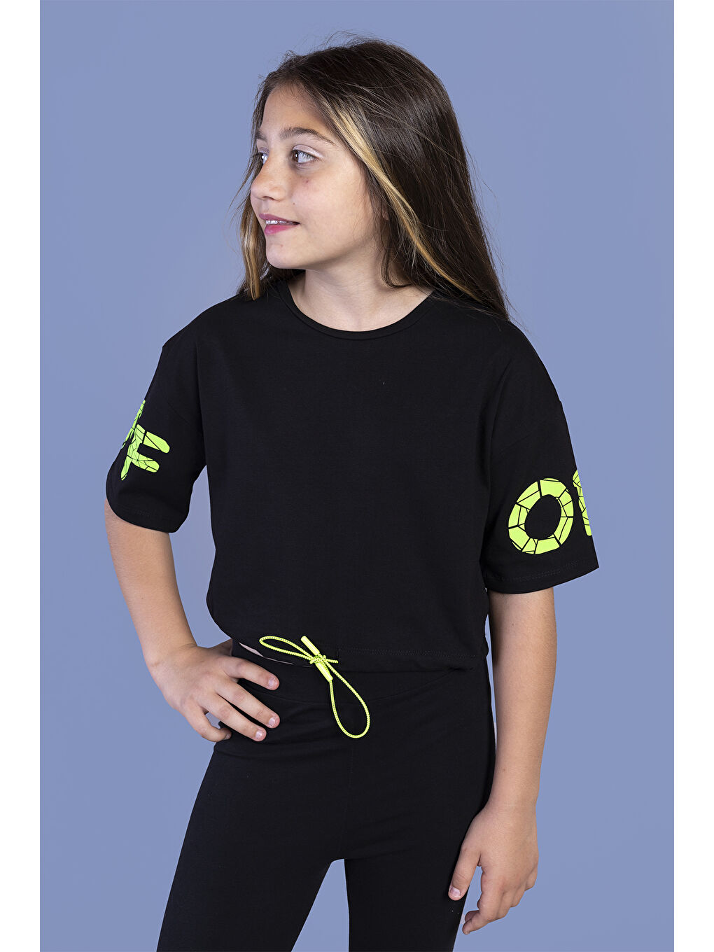 Siyah Kız Çocuk Baskılı Crop Tişört