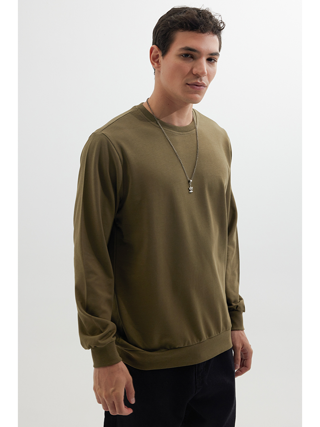 Karışık Erkek 3'Lü Kahve-Yeşil-Lacivert Relax Fit Rahat Kesim %100 Pamuk 2 İplik Bisiklet Yaka Sweatshirt-2