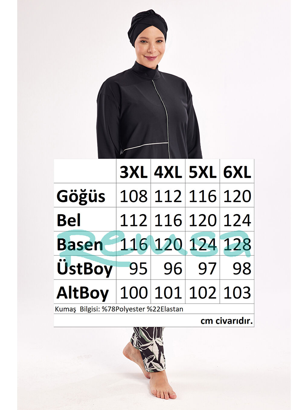 UV Korumalı Büyük Beden Elastanlı Tam Kapalı Tesettür Mayo 1801 Siyah03-3