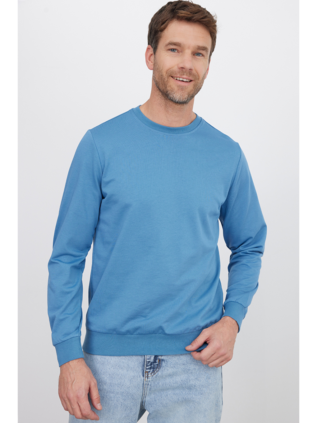 Karışık Erkek 3'Lü Füme-Mavi-Lacivert Relax Fit Rahat Kesim %100 Pamuk 2 İplik Bisiklet Yaka Sweatshirt-2