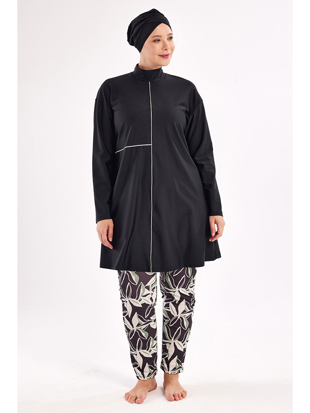 UV Korumalı Büyük Beden Elastanlı Tam Kapalı Tesettür Mayo 1801 Siyah03-4