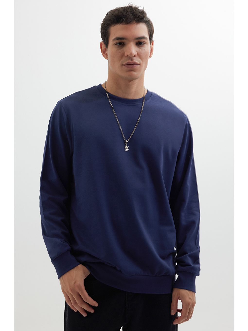 Karışık Erkek 3'Lü Füme-Mavi-Lacivert Relax Fit Rahat Kesim %100 Pamuk 2 İplik Bisiklet Yaka Sweatshirt-3