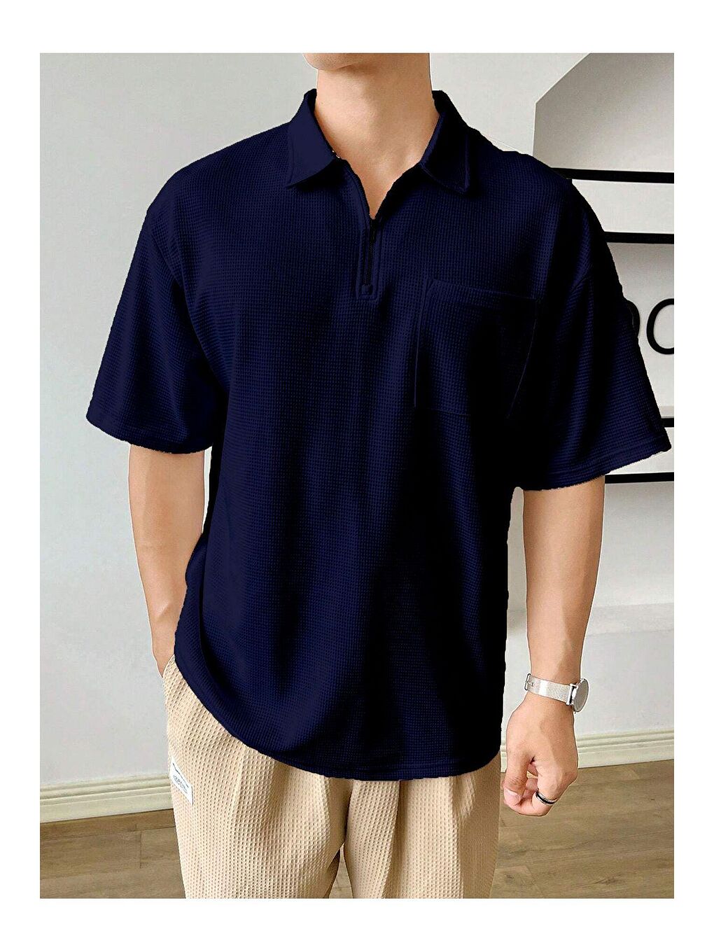 GENIUS STORE Lacivert Erkek Oversize Polo Yaka Waffle T-Shirt