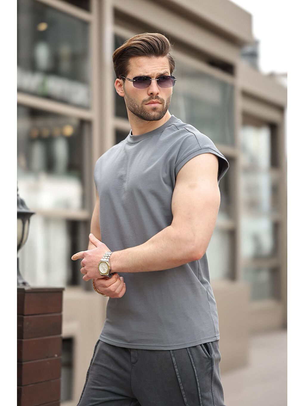 Gri Füme Yarım Kol Erkek Basic Tişört E7136-1
