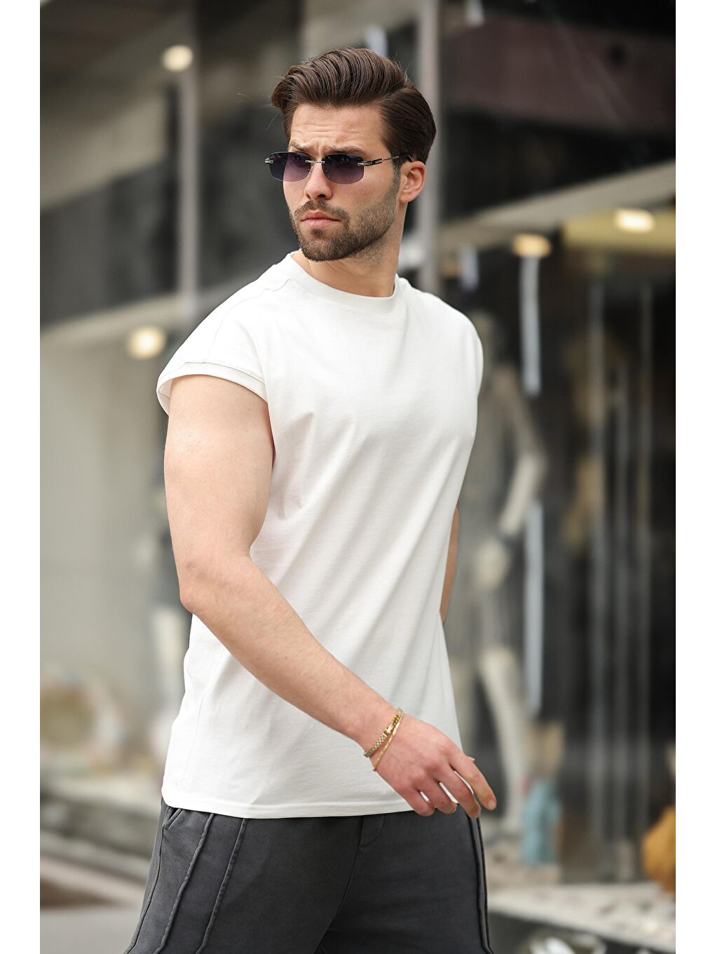 Ekru Yarım Kol Erkek Basic Tişört E7136-1