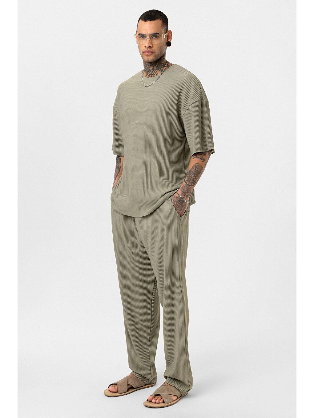 Basic Oversize Bisiklet Yaka Ottoman Takım Haki-1