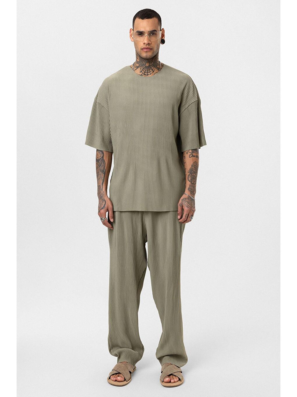 Basic Oversize Bisiklet Yaka Ottoman Takım Haki-2