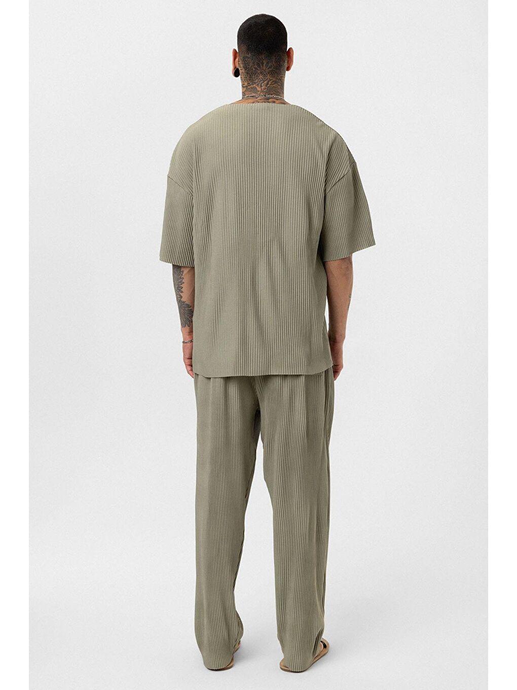 Basic Oversize Bisiklet Yaka Ottoman Takım Haki-3