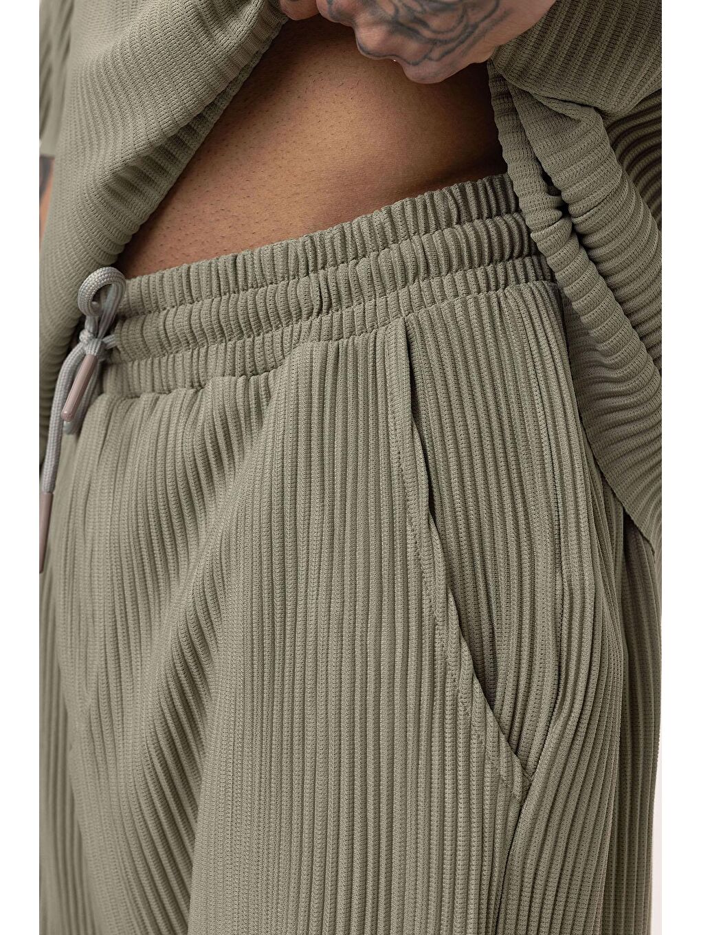 Basic Oversize Bisiklet Yaka Ottoman Takım Haki-4