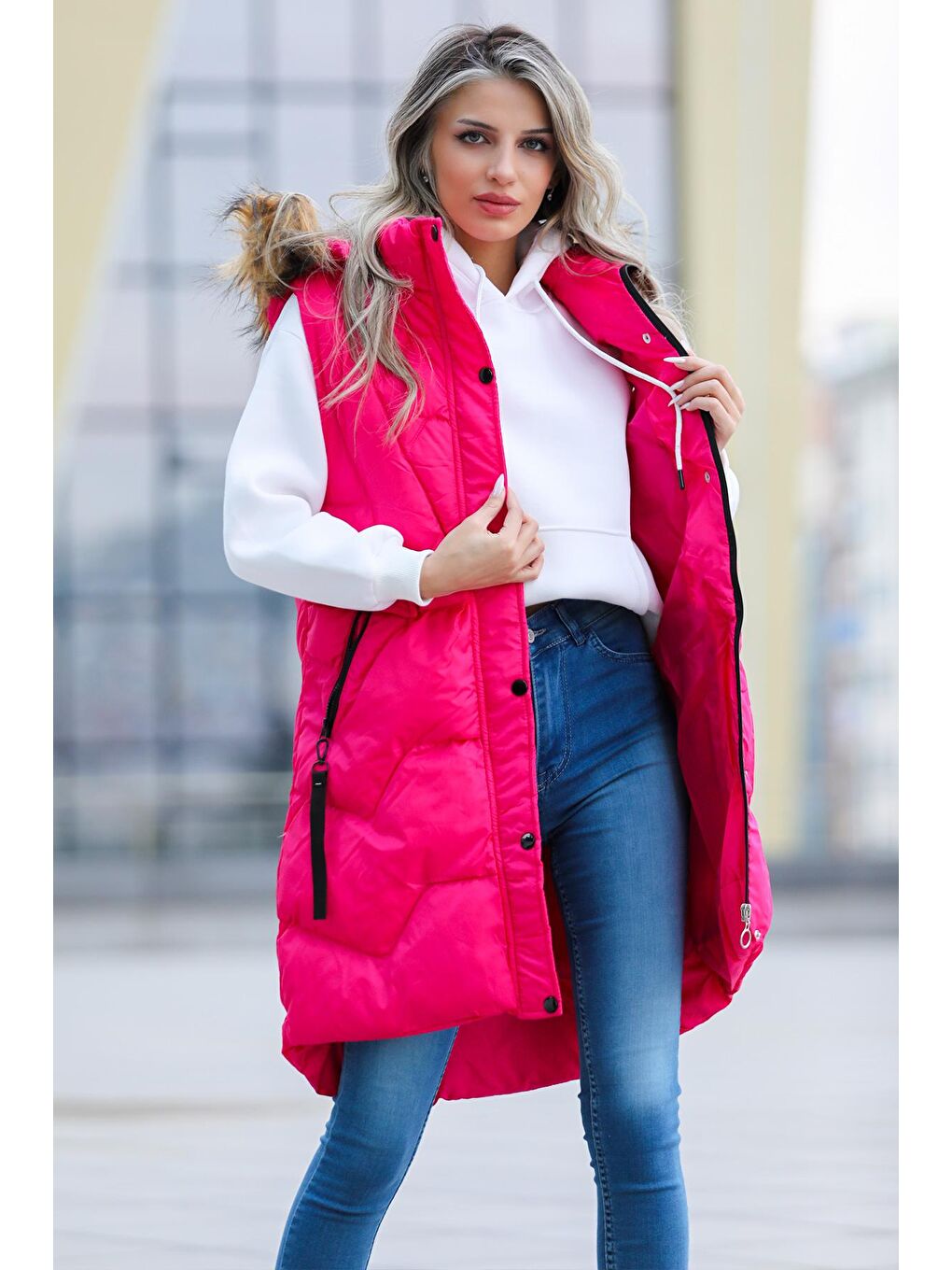 Fuşya Kadın Kapüşonlu Kapitoneli Uzun Şişme Yelek
