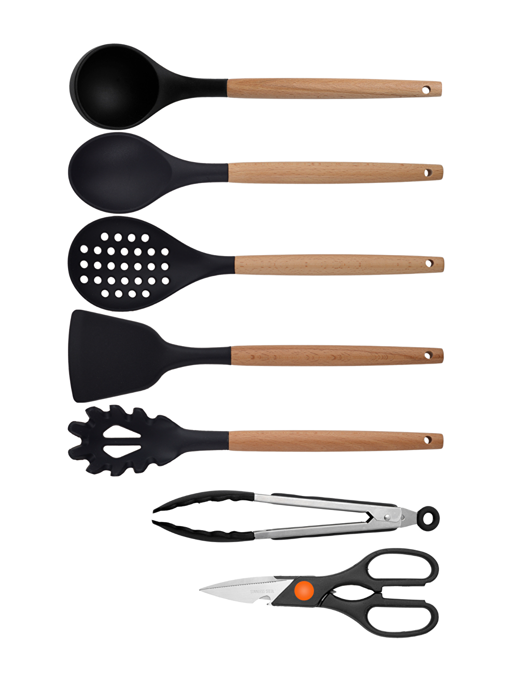 Kitchen Design Lab Siyah Bambu Silikon - Kepçe, Kaşık, Kevgir, Makarna, Açılı Spatula, Metal Maşa, Makas 7 li Set