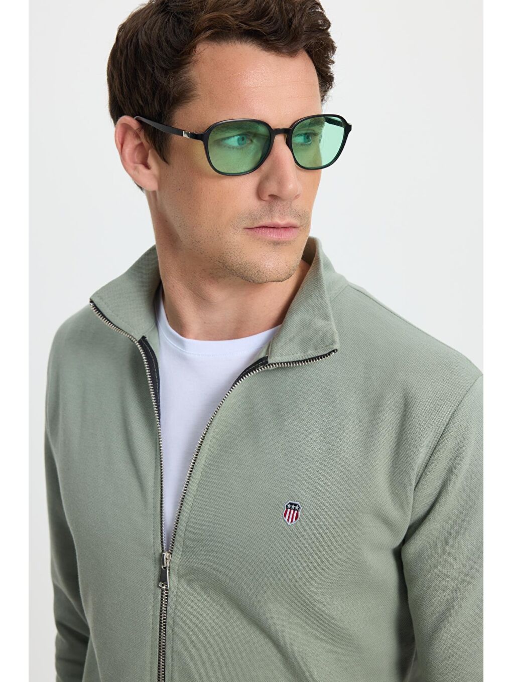 Erkek Slim Fit Dar Kesim Pamuklu Tam Fermuarlı Çift Cepli Dik Yaka Yeşil Sweatshirt Hırka-1