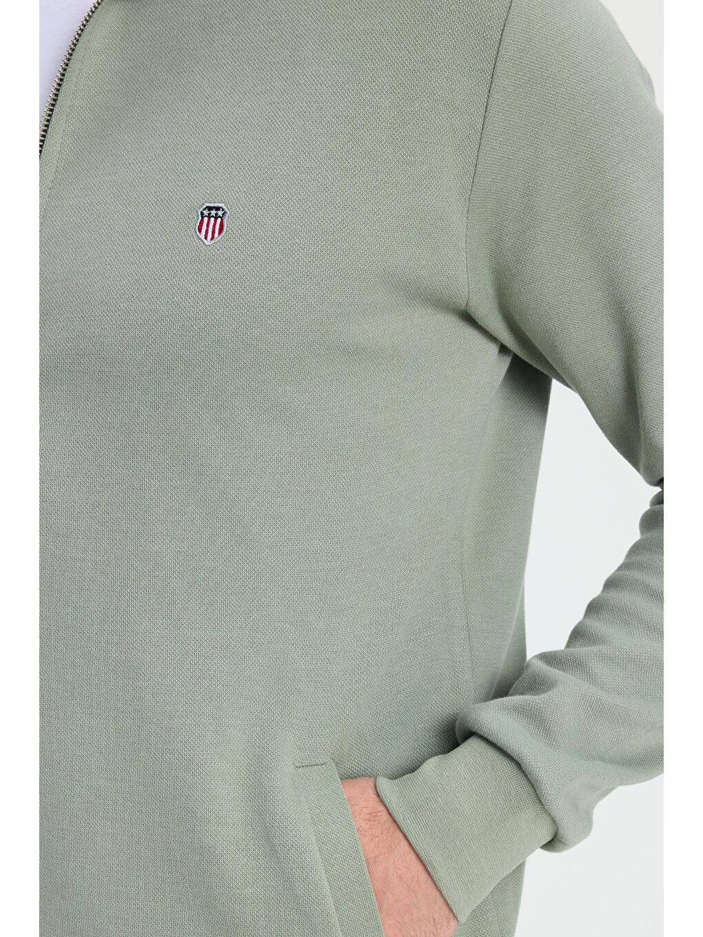 Erkek Slim Fit Dar Kesim Pamuklu Tam Fermuarlı Çift Cepli Dik Yaka Yeşil Sweatshirt Hırka-2