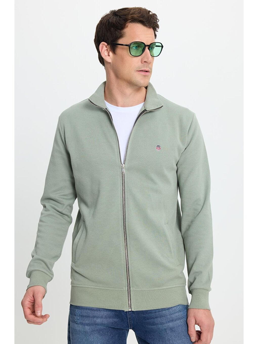 Erkek Slim Fit Dar Kesim Pamuklu Tam Fermuarlı Çift Cepli Dik Yaka Yeşil Sweatshirt Hırka-4