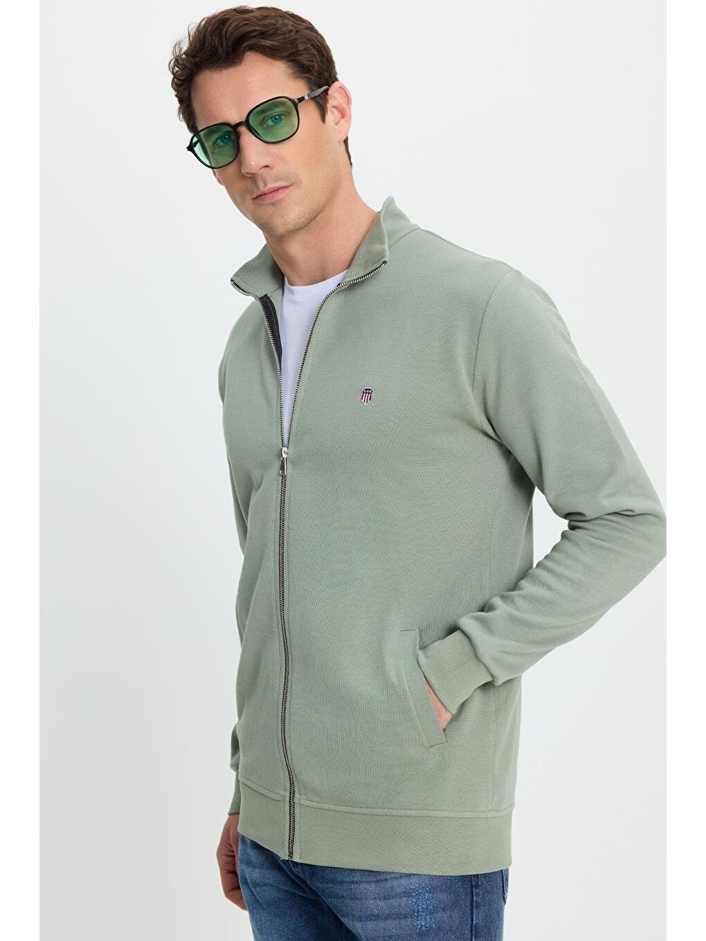 Erkek Slim Fit Dar Kesim Pamuklu Tam Fermuarlı Çift Cepli Dik Yaka Yeşil Sweatshirt Hırka-5