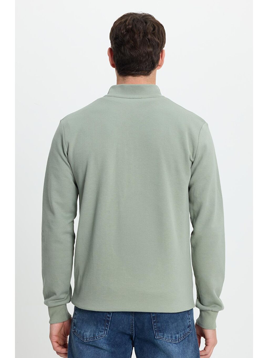Erkek Slim Fit Dar Kesim Pamuklu Tam Fermuarlı Çift Cepli Dik Yaka Yeşil Sweatshirt Hırka-7
