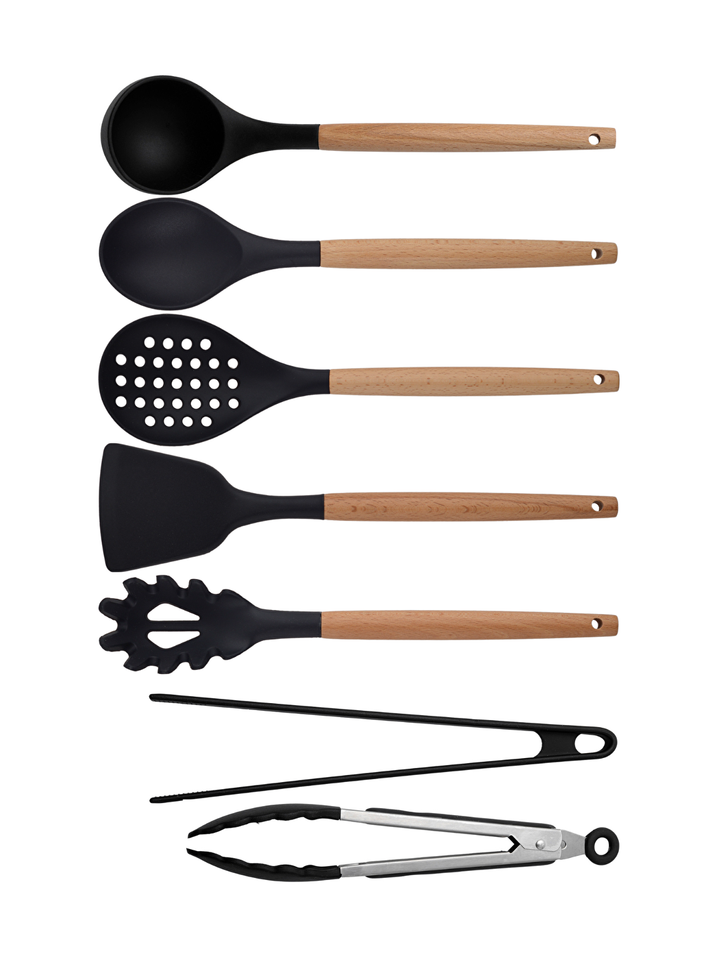 Kitchen Design Lab Siyah Bambu Silikon - Kepçe, Kaşık, Kevgir, Makarna, Açılı Spatula, Silikon - Metal Maşa 7 li Set