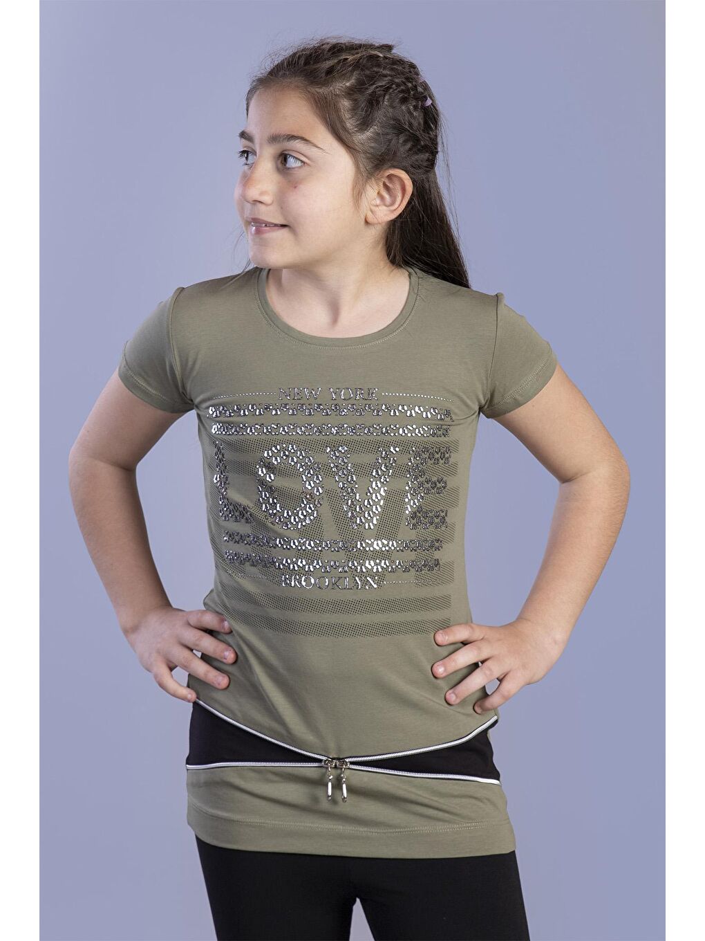 Toontoykids Haki Kız Çocuk T-Shirt Love Varak Baskı