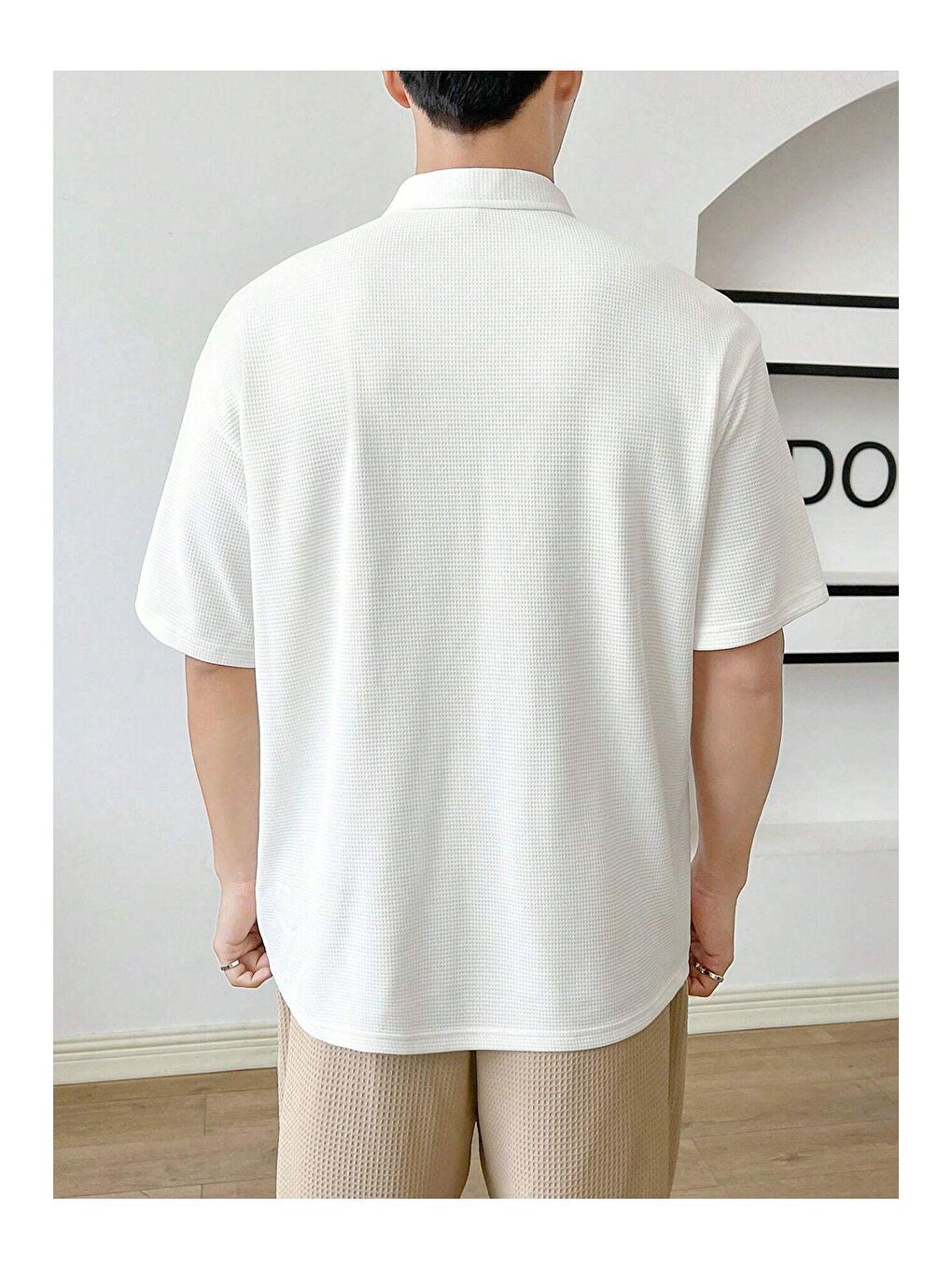 GENIUS STORE Beyaz Erkek Oversize Polo Yaka Waffle T-Shirt - 2