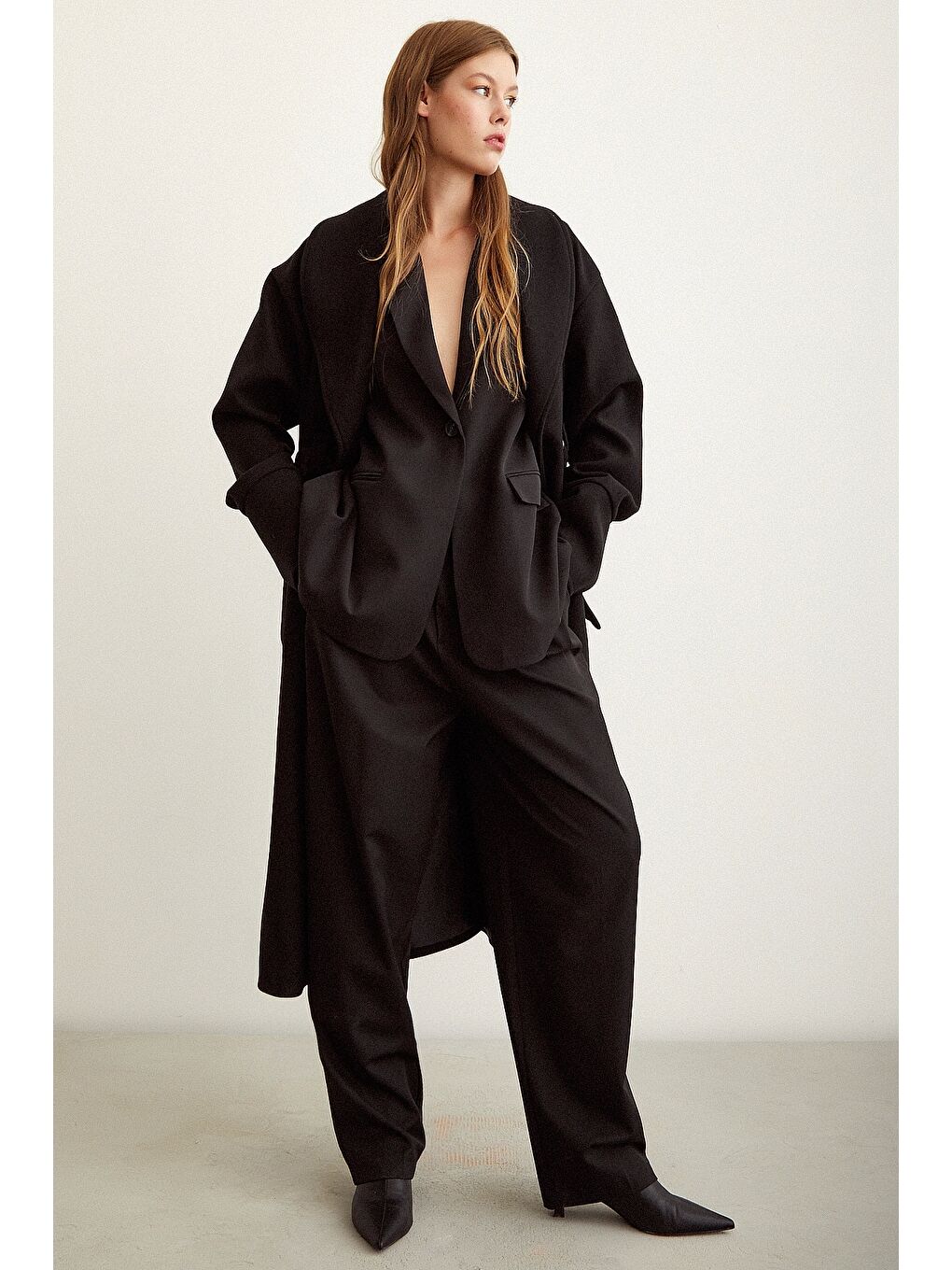 Kuşaklı Şal Yaka Kaşe Kaban  Siyah-2