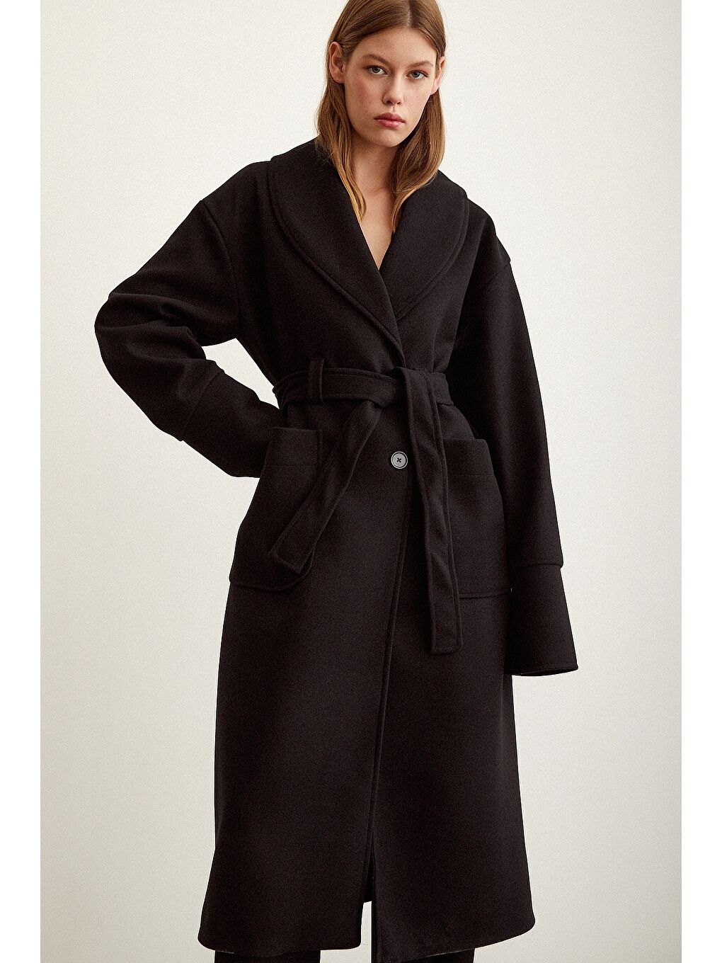 Kuşaklı Şal Yaka Kaşe Kaban  Siyah-3