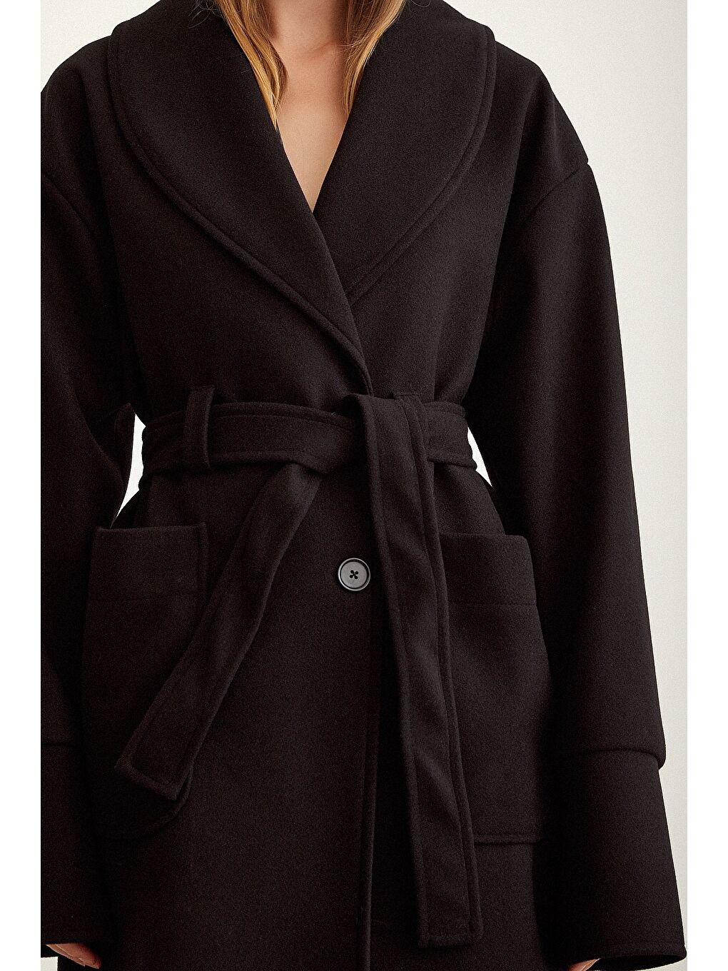 Kuşaklı Şal Yaka Kaşe Kaban  Siyah-4