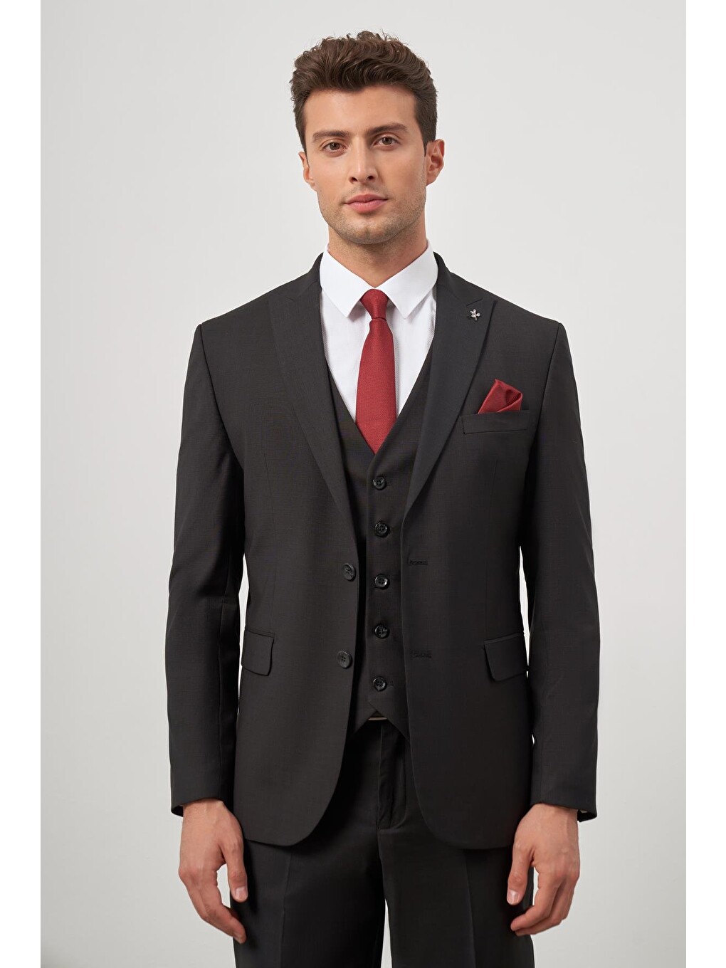 Siyah Düz Kılıç Yaka Çift Yırtmaç 2 Düğme Yelekli 6 Drop Slim Fit Classic Takım Elbise 1001245151
