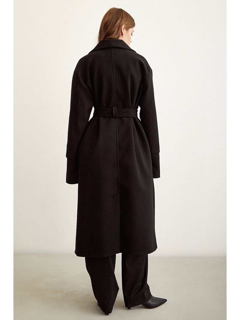 Kuşaklı Şal Yaka Kaşe Kaban  Siyah-5