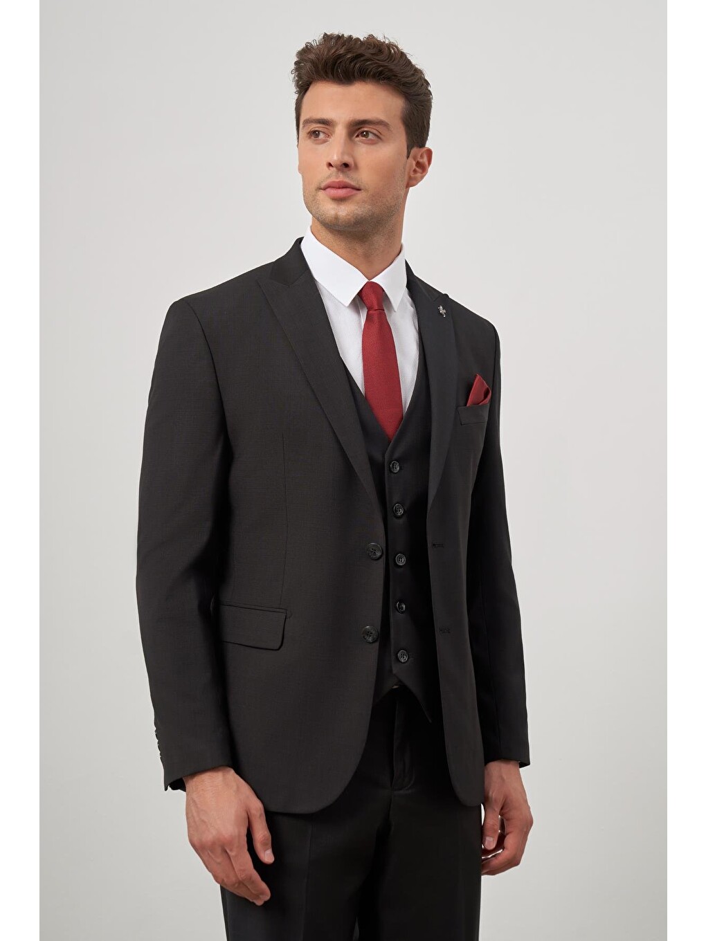Siyah Düz Kılıç Yaka Çift Yırtmaç 2 Düğme Yelekli 6 Drop Slim Fit Classic Takım Elbise 1001245151-2