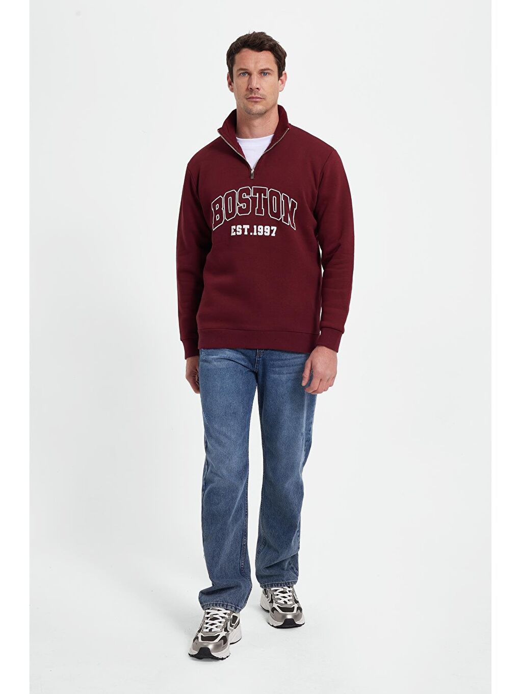 Erkek Relax Fit Rahat Kesim Pamuklu Yarım Fermuarlı Baskılı Bordo Sweatshirt-1