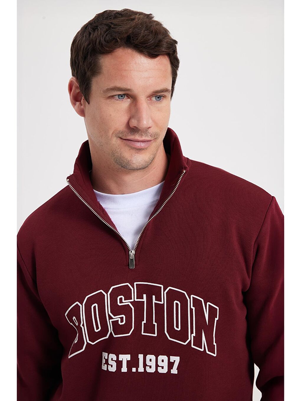 Erkek Relax Fit Rahat Kesim Pamuklu Yarım Fermuarlı Baskılı Bordo Sweatshirt-2