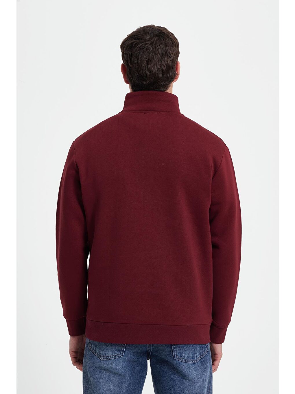 Erkek Relax Fit Rahat Kesim Pamuklu Yarım Fermuarlı Baskılı Bordo Sweatshirt-5