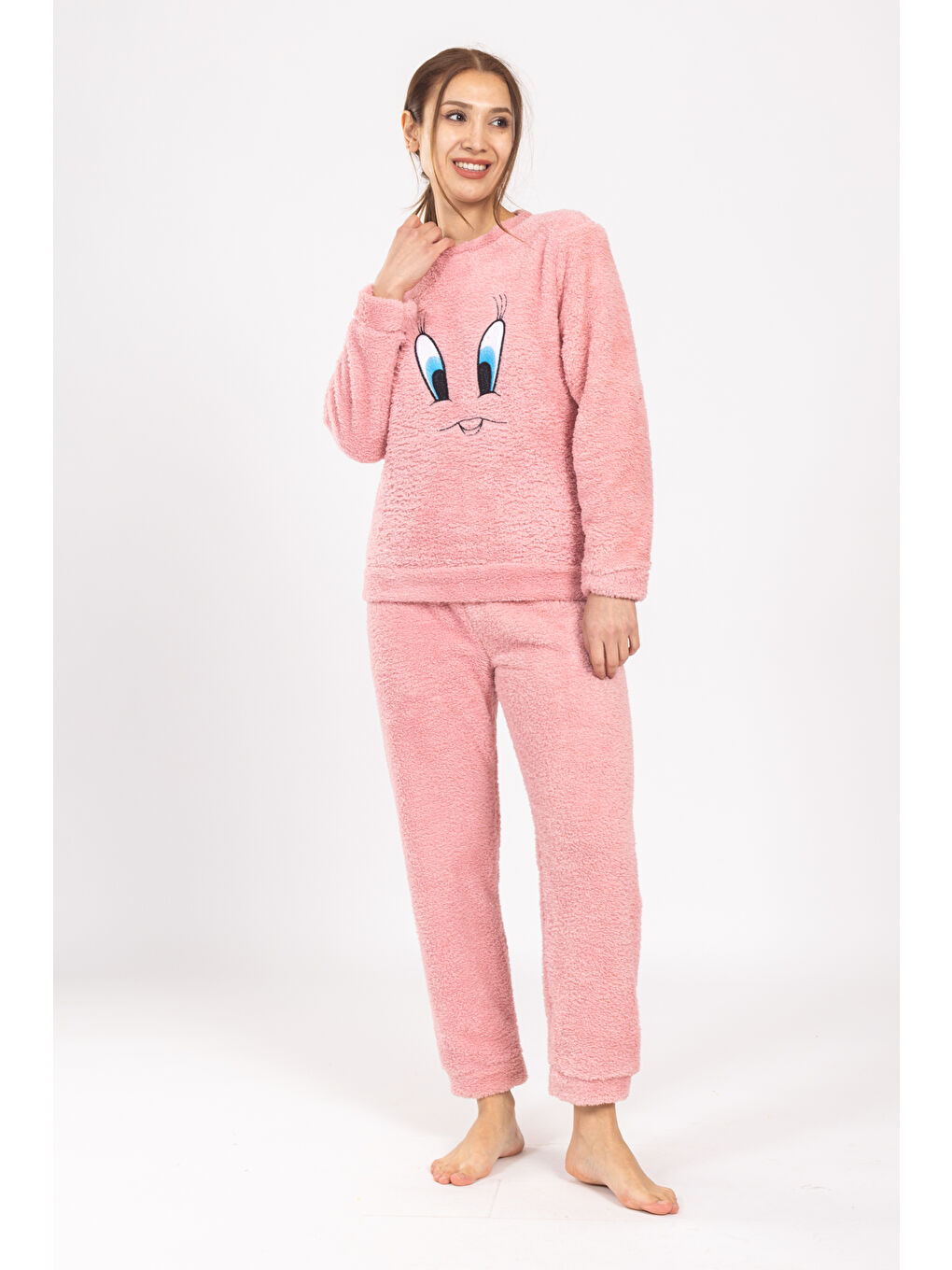 TAMPAP Pembe Kadın Polar Pijama Alt Üst Takım