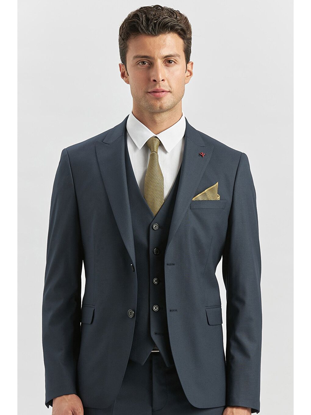 Koyu Lacivert Kırlangıç Yaka Astarlı Yelekli 6 Drop Slim Fit Klasik Takım Elbise 1001240179