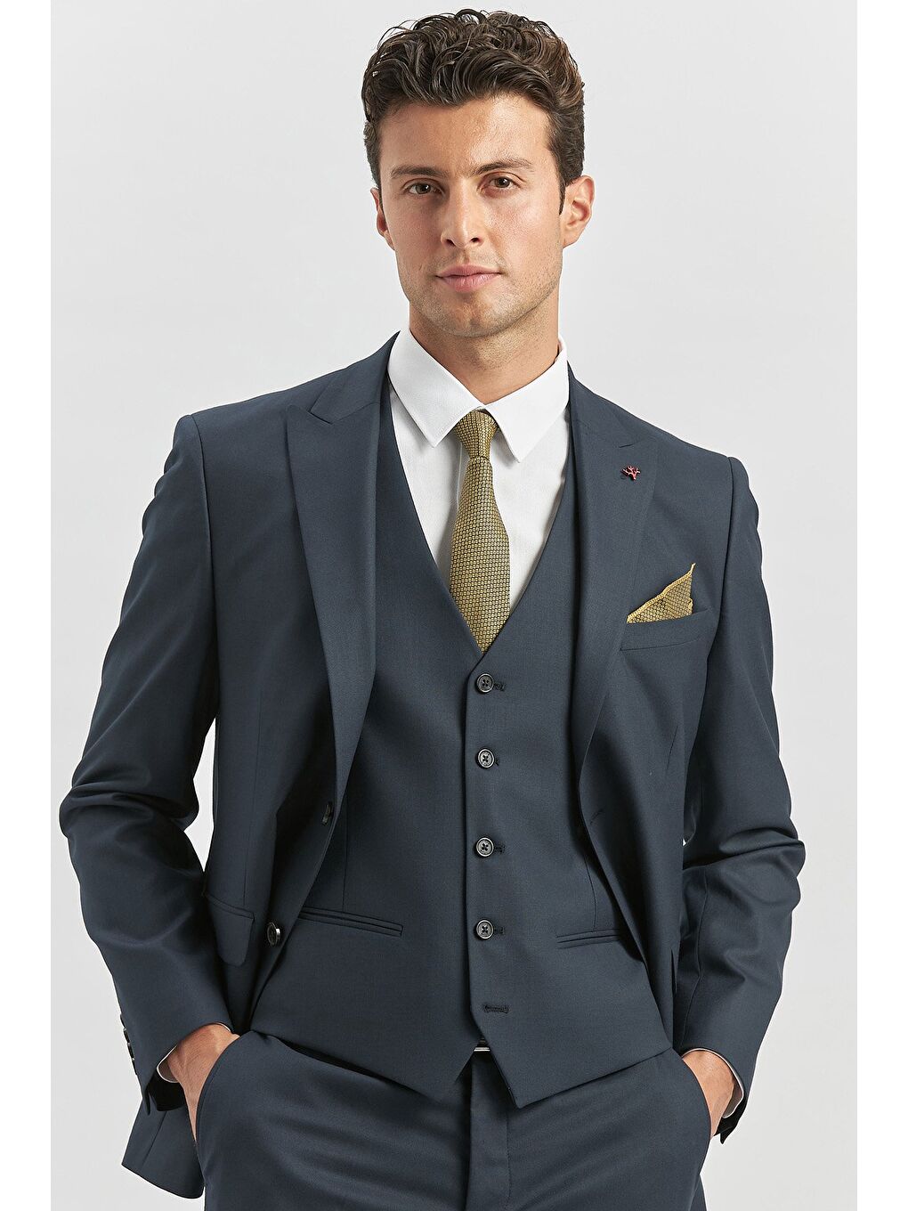 Koyu Lacivert Kırlangıç Yaka Astarlı Yelekli 6 Drop Slim Fit Klasik Takım Elbise 1001240179-2